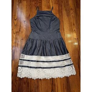 Ann Taylor Blue Chambray Square Neck Eyelet Crochet Tiered Mini Dress Size 2 NWT